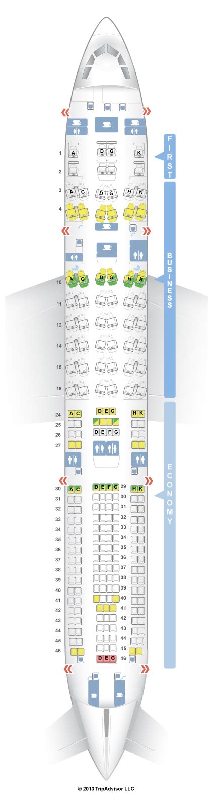  This aircraft is the newest configuration of this aircraft type and seats range from rows 1-32. This aircraft operates in a Business and Economy Class configuration. The number of seats per cabin is variable and may have as few as three rows of Business Class to a maximum of seven. The maximum size of Business Class is illustrated in this map. 